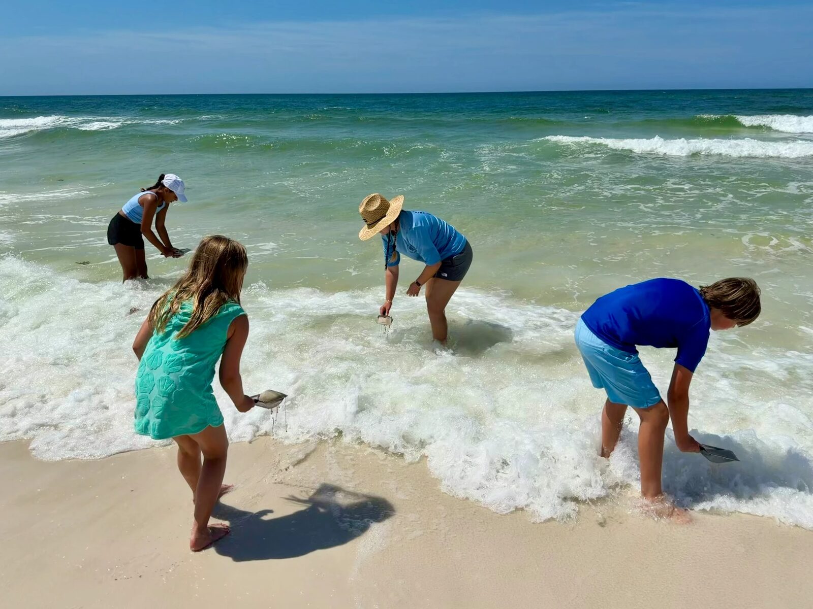 Students dip netting in the surf along the Gulf shoreline