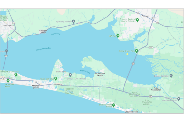 Map of Choctawhatchee Bay and the Gulf shoreline from Miramar Beach to Point Washington