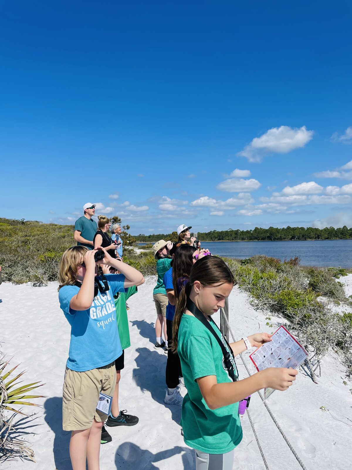 Participants birding with binoculars and ID sheets beside a dune lake