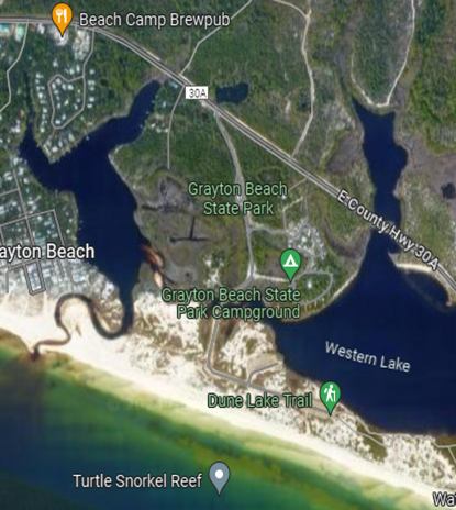 Satellite map of Grayton Beach State Park and Western Lake coastal dune lake